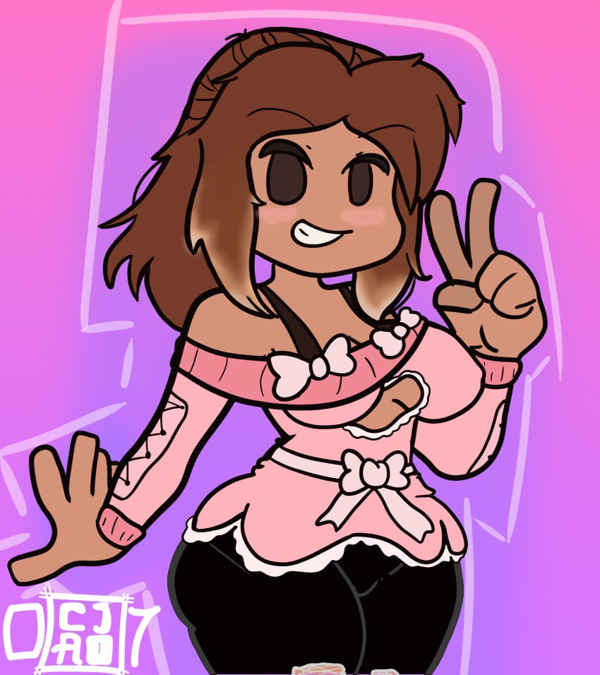 1girls big_breasts big_thighs bows brown_skin cjao_07 female hoodie jeans long_hair peace_sign roblox roblox_avatar robloxian self_upload smiling tagme