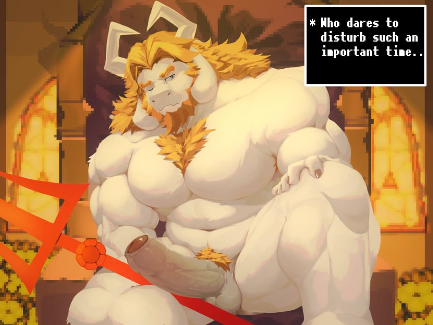 2025 2_horns anthro asgore_dreemurr balls barazoku beard big_pecs blonde_beard blonde_eyebrows blonde_facial_hair blonde_hair body_hair bovid caprine chair chest_hair dialogue dialogue_box english_description english_text erection eyebrows facial_hair foreskin freddyv7205172 front_view fur furniture genitals goat hair hand_on_leg hi_res horn humanoid_genitalia humanoid_penis male male_only mammal melee_weapon mouth_closed muscular muscular_anthro muscular_arms muscular_legs muscular_male nude nude_female nude_male on_chair one_eye_closed partially_retracted_foreskin pecs penis polearm pubes serious_face sitting sitting_on_chair sitting_on_throne solo text throne trident undertale undertale_(series) weapon white_body white_fur