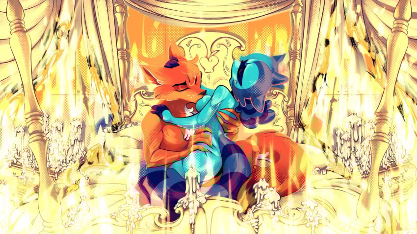 5_fingers anthro anthro_on_anthro ass black_nose blue_body blue_fur breast_play breast_suck breasts candle canid canine canis cazadora_(rentonreverb) coyote dandy_(rentonreverb) duo female fingers fire from_front_position fur hi_res humanoid_hands looking_pleasured male male/female mammal markings mastery_position nude nude_anthro nude_female nude_male open_mouth procyonid raccoon red_body red_fur ring_(marking) ringed_tail sex squiderdoodle striped_markings striped_tail stripes sucking tail tail_markings