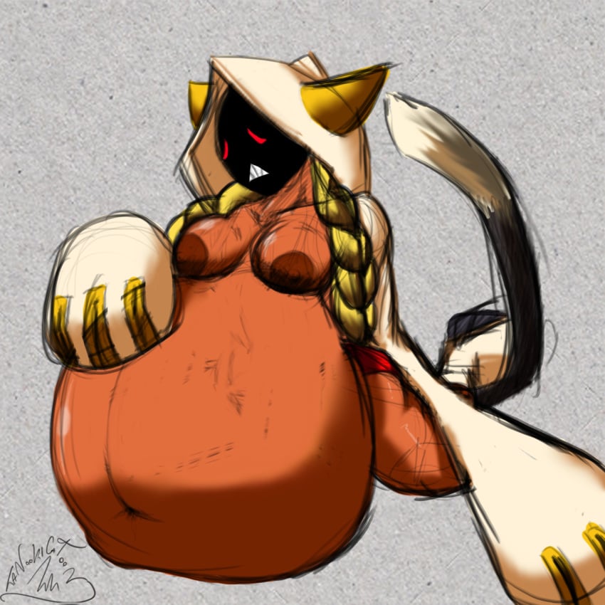 belly big_belly big_nipples black_face blazblue blonde_hair breasts clothing clothing_body demi_human feline grey_background hair kaka_clan mammal nipples panties pregnant ready_to_pop simple_background simple_face tanookicatoon tanookicatoon_(artist) taokaka tied_hair twintails underwear video_games