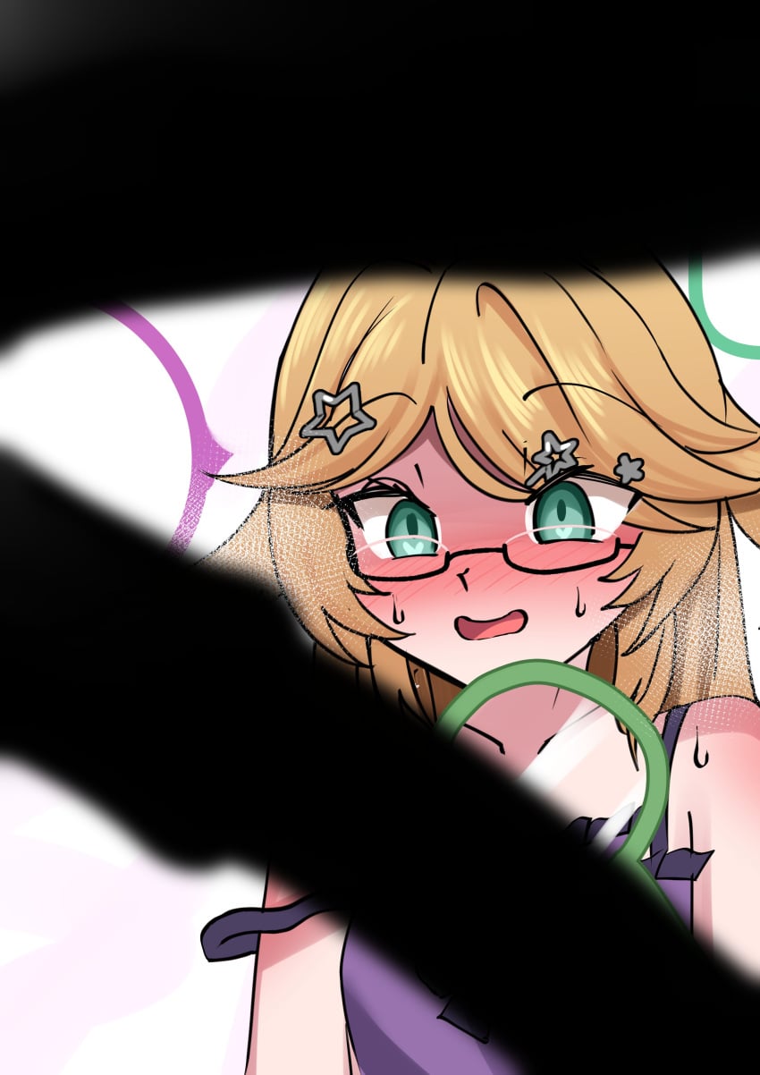 1girls animal_penis blonde_hair cock_shock dokibird flushed flushed_face glasses green_eyes head_wings horse horse_penis horsecock indie_virtual_youtuber looking_at_penis magnifying_glass nightgown penis_awe sweating virtual_youtuber vtuber xanadu_avici xanaduavici