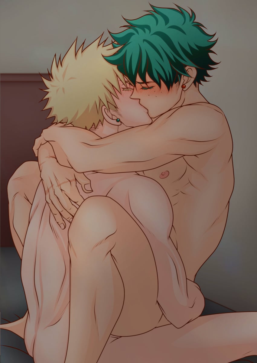 2boys abs anal armpits ass bakugou_katsuki barefoot bed bed_sheet bedroom blanket blonde_hair blush boku_no_hero_academia bones_(company) closed_eyes earrings eyelashes feet freckles green_eyes huge indoors izuku_midoriya katsuki_bakugou knees legs messy_hair midoriya_izuku my_hero_academia nipples on_bed pectorals riding sex shounen_jump sitting spiked_hair sweat sweatdrop yaoi