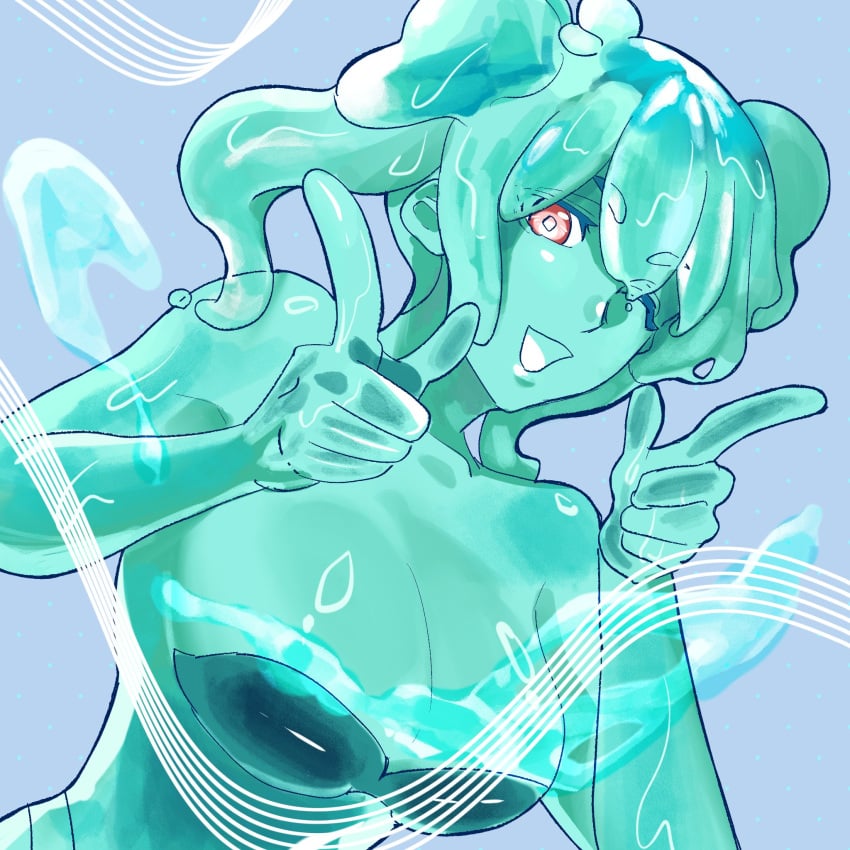 1girl adhesive_bra alternate_breast_size_(larger) aqua_skin beastiez bra breasts cleavage colored_skin colored_tongue commentary double_finger_gun finger_gun highres large_breasts looking_at_viewer monster_girl one_eye_closed piapi_ufo red_eyes slime_girl solo twintails underwear virtual_youtuber