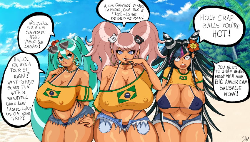 3girls alternate_version_available ass big_ass big_breasts brazilian brazilian_female brazilian_flag brazilian_miku breasts clothed crossover danganronpa danganronpa:_trigger_happy_havoc danganronpa_2:_goodbye_despair dirty_talk dobicandy hatsune_miku huge_ass huge_breasts junko_enoshima mioda_ibuki multicolored_hair multiple_girls offscreen_character race_swap revealing_clothes talking_to_viewer tan_body tan_skin text thick_thighs wide_hips
