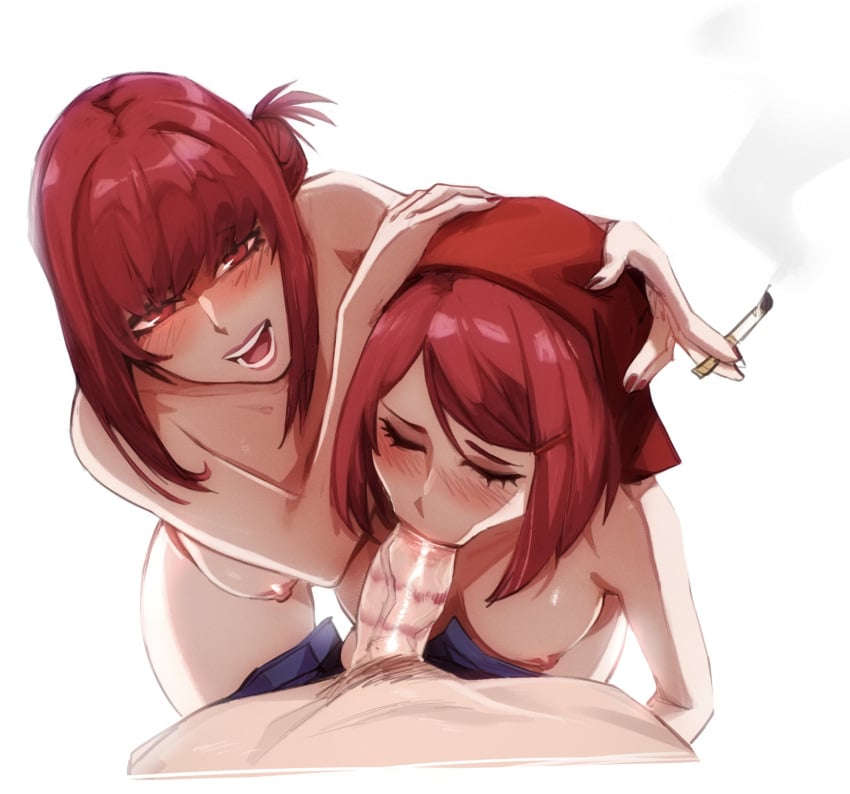 1boy 2girls acht assisted_fellatio big_breasts blowjob blush bottomless breasts cigarette closed_eyes fellatio female from_above hand_on_head headscarf large_breasts lipstick_mark lipstick_on_penis long_hair looking_at_viewer male momdadno naked nipples nude open_mouth oral oral_sex penis red_eyes red_hair super_no_ura_de_yani_suu_futari tayama_(super_no_ura_de_yani_suu_futari) topless uncensored viewed_from_above yamada_(super_no_ura_de_yani_suu_futari)