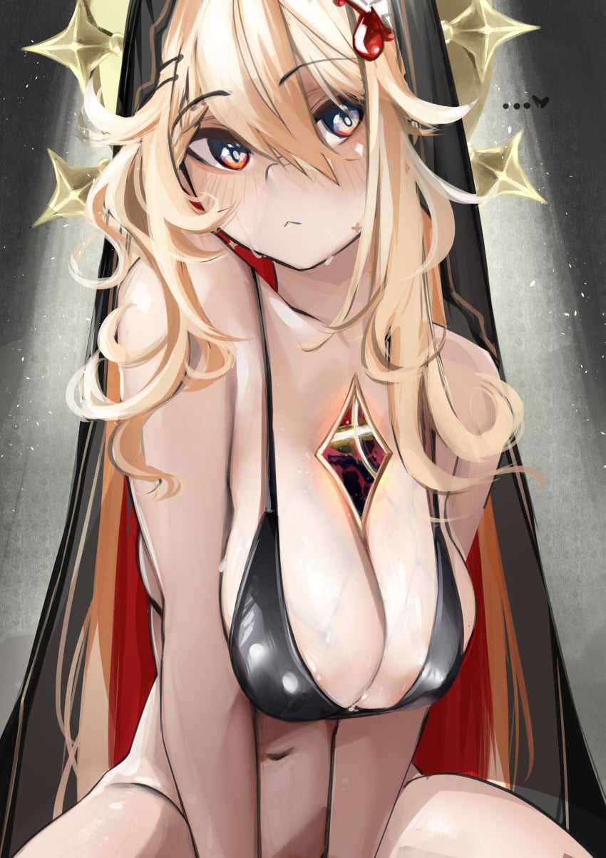 1girl 1girls absurdres big_breasts bikini black_bikini blonde_hair blue_eyes breasts breasts_squeezed_together bridal_veil cleavage closed_mouth commentary covered_erect_nipples english_commentary female hair_between_eyes halo highres kaneko_lumi large_breasts long_hair looking_at_viewer phase_connect pupi pupi_(rain_prophet) red_hair solo swimsuit thighs tits veil virtual_youtuber vtuber