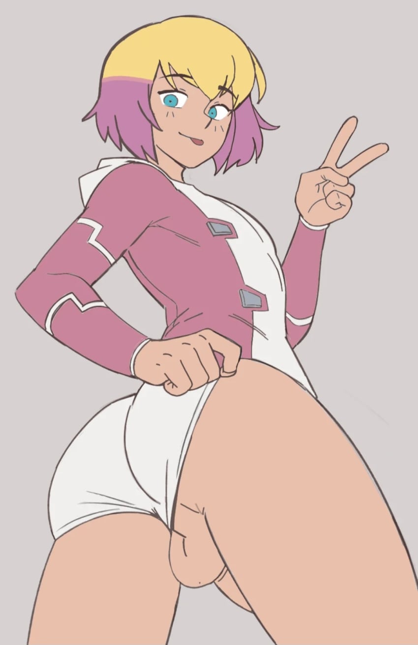 ass_focus balls blonde_hair color_edit costume dick dross edit femboy genderswap gwendolyn_poole gwenpool gwenpool_(series) looking_at_viewer marvel marvel_comics peace_sign penis pink_highlights sticking_out_tongue