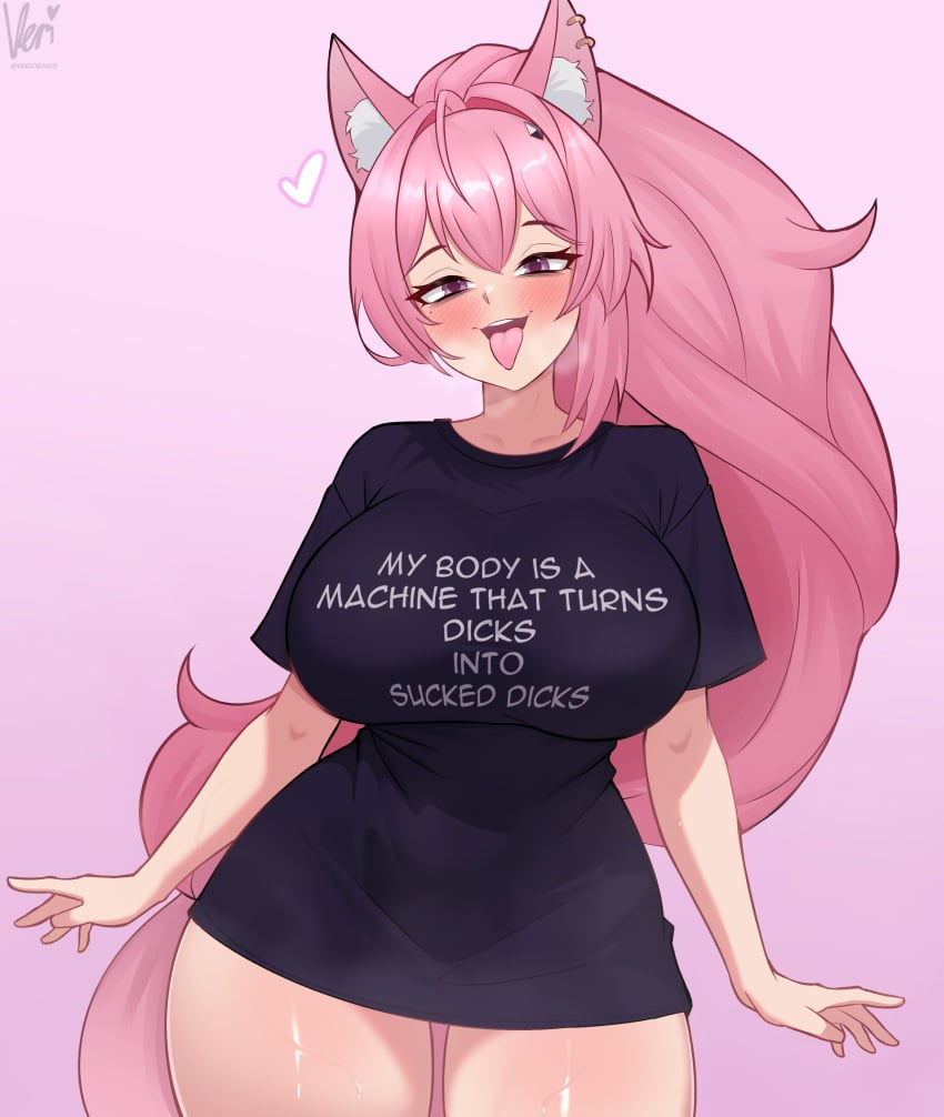 1girl 1girls absurdres animal_ears big_breasts black_shirt blush breasts female fox_ears fox_girl fox_tail gem_hair_ornament hair_between_eyes hair_intakes heart highres hips indie_virtual_youtuber large_breasts long_hair looking_at_viewer meicha_(vtuber) meme mole mole_under_eye my_body_is_a_machine_(meme) open_mouth pink_hair ponytail purple_eyes revi_lewds shirt solo tail thick thick_thighs thighs tits tongue tongue_out veridraws virtual_youtuber vtuber wide_hips