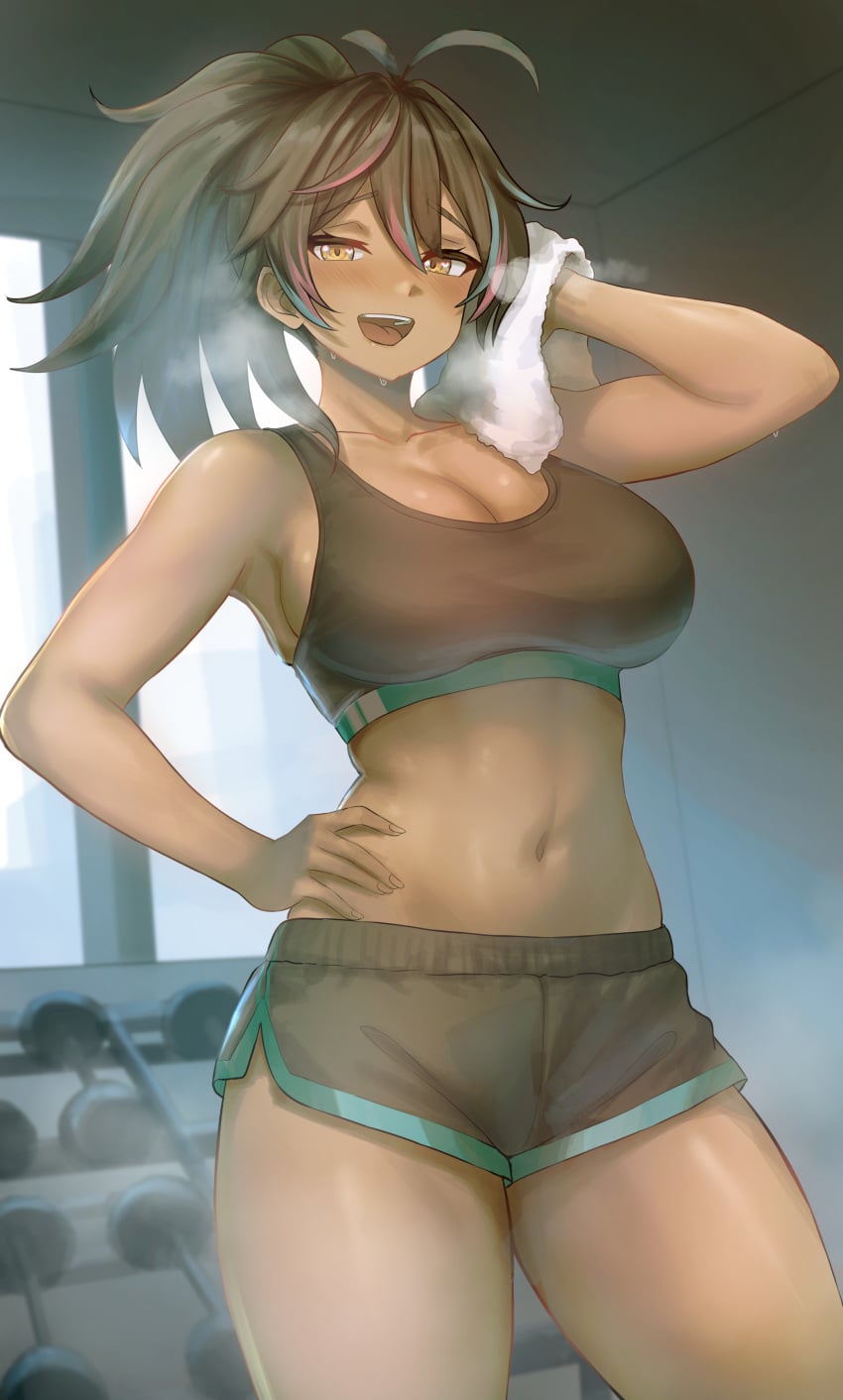 1girl 1girls absurdres big_breasts black_shorts black_sports_bra breasts dark-skinned_female dark_skin dolphin_shorts dreadpunk female hair_between_eyes highres holding holding_towel indie_virtual_youtuber large_breasts long_hair multicolored_hair neon_harper pink_hair ponytail short_shorts shorts solo sports_bra streaked_hair thighs tits towel virtual_youtuber vtuber wiping_face wiping_sweat