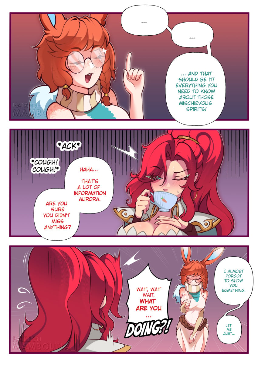 2026 2d 2girls anthro aurora_(league_of_legends) big_breasts blue_eyes boobs breast_press breasts breasts_out bunny_ears bunny_girl bunnygirl cleavage comic curvaceous curvy curvy_body curvy_female curvy_figure dialogue earrings english_text eyelashes ginger glasses hair_between_eyes hands_on_breasts hi_res league_of_legends light-skinned_female light_skin long_hair mambolina miss_fortune nail_polish nerd nerdy_female open_mouth orange_hair patreon patreon_username peeking_out pirate ponytail rabbit red_hair redhead round_breasts shirt_lift short_hair sideboob speech_bubble sweat sweatdrop tagme teasing text thick_thighs thighs tits to_be_continued voluptuous watermark