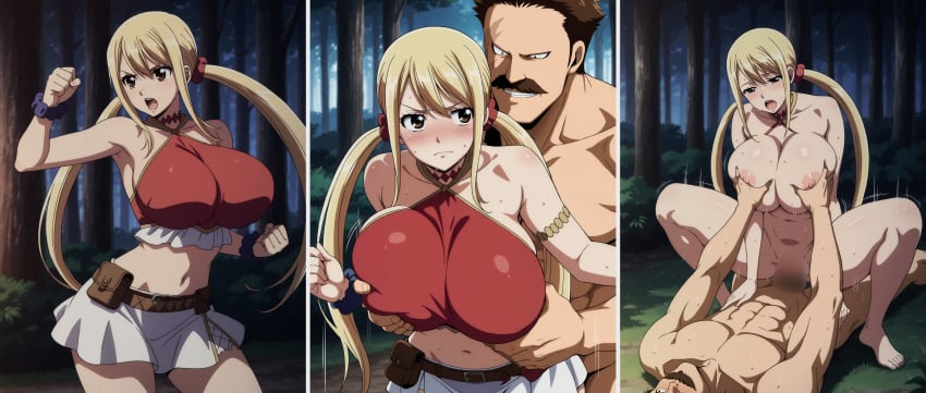 ai_generated blonde_hair blush cheating_girlfriend cowgirl_position embarrassed_female fairy_tail fairy_tail:_dragon_cry groping_breasts groping_from_behind huge_breasts lucy_heartfilia miniskirt moaning_in_pleasure naked older_male_and_younger_female twintails zash_caine