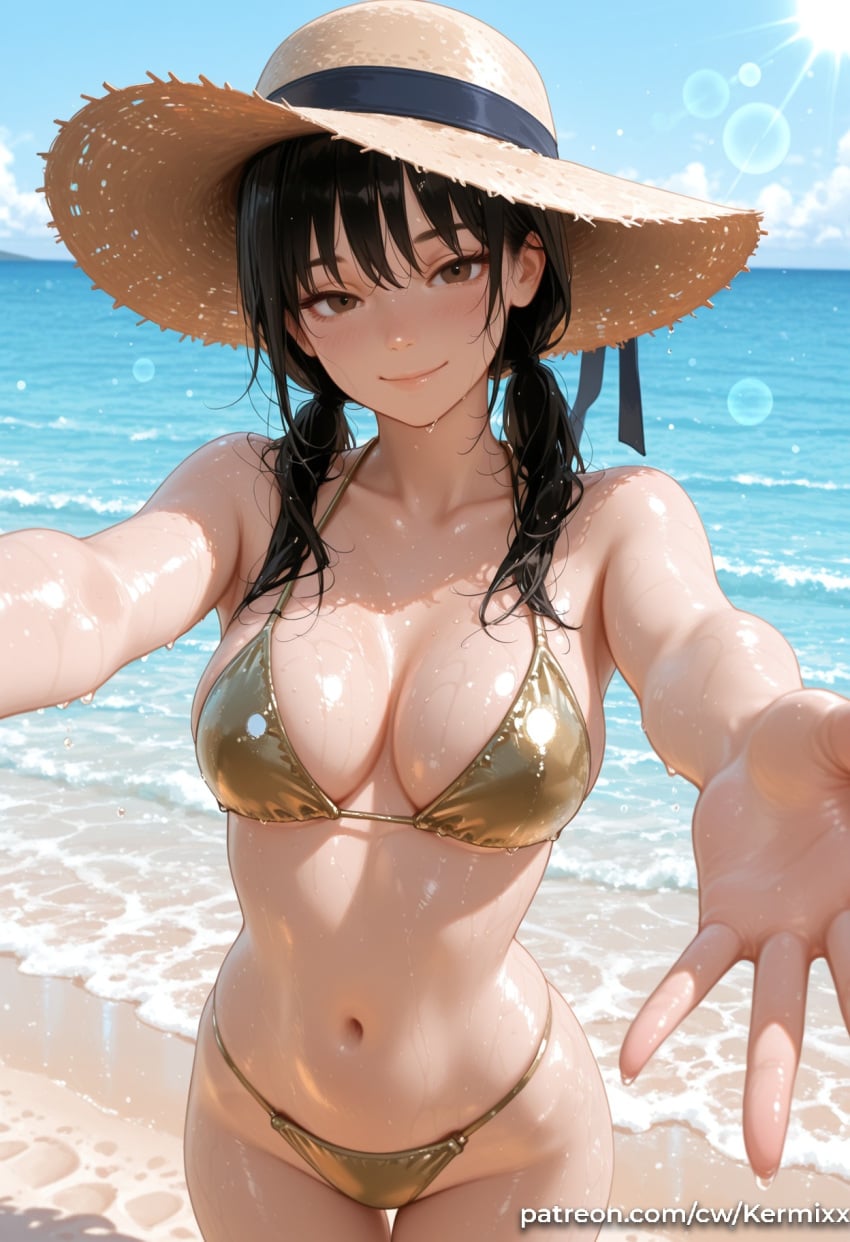 1girl ai_generated bangs beach bikini black_hair blue_sky blush breasts brown_eyes chainsaw_man cleavage closed_mouth collarbone cowboy_shot day gold_bikini hat kermixx large_breasts long_hair looking_at_viewer low_twintails mitaka_asa navel ocean outdoors outstretched_arms shiny shiny_skin sky smile solo stomach straw_hat sun_hat swimsuit twintails water wet