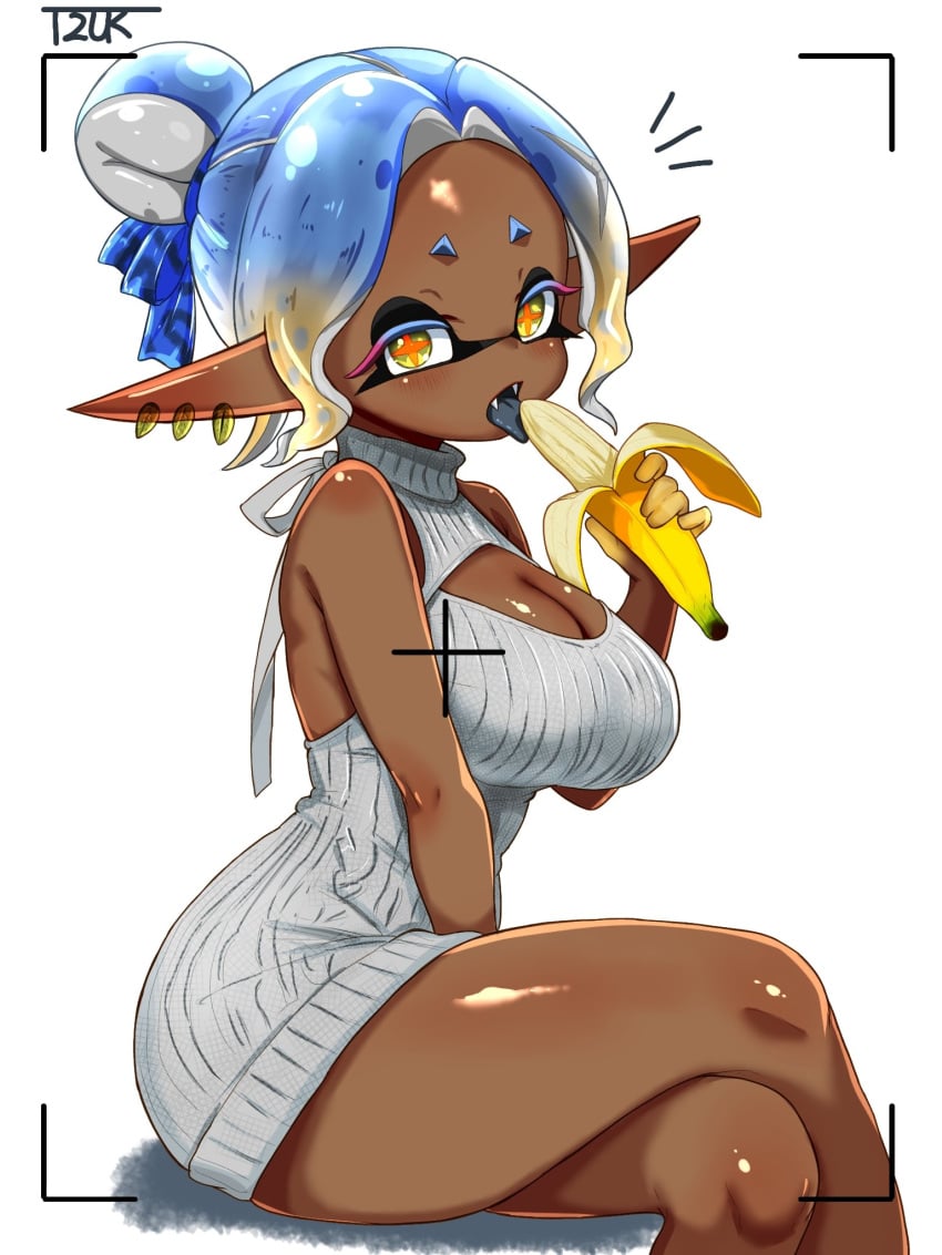 banana blue_hair chest cleavage dark_skin fellatio_gesture food frye_(splatoon) looking_at_viewer splatoon splatoon_(series) sundress sweater t2ukmyjm tagme