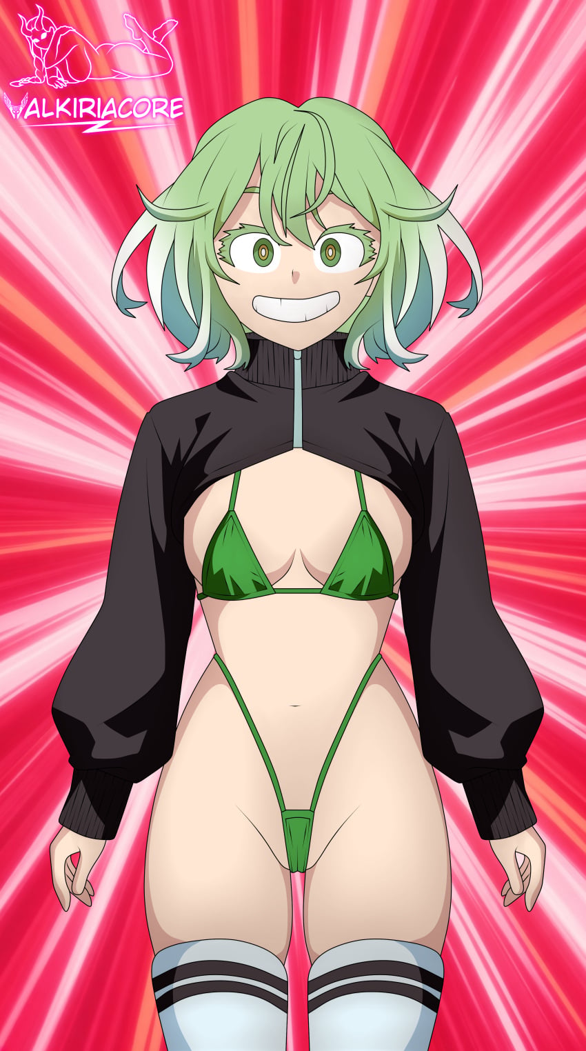 black_jacket boku_no_hero_academia dildo dildo_in_ass dog green_bikini green_eyes green_hair hagakure_tooru hagakure_tooru_(invisible) hagakure_tooru_(visible) invisible_girl invisible_woman long_stockings my_hero_academia smile super_powers superhero superheroine valkiriacore