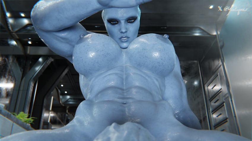3d asari asari_futa big_breasts blowjob blue_eyes futa_only futanari looking_at_viewer mass_effect muscular_futa taker_pov veiny_penis yeetiques