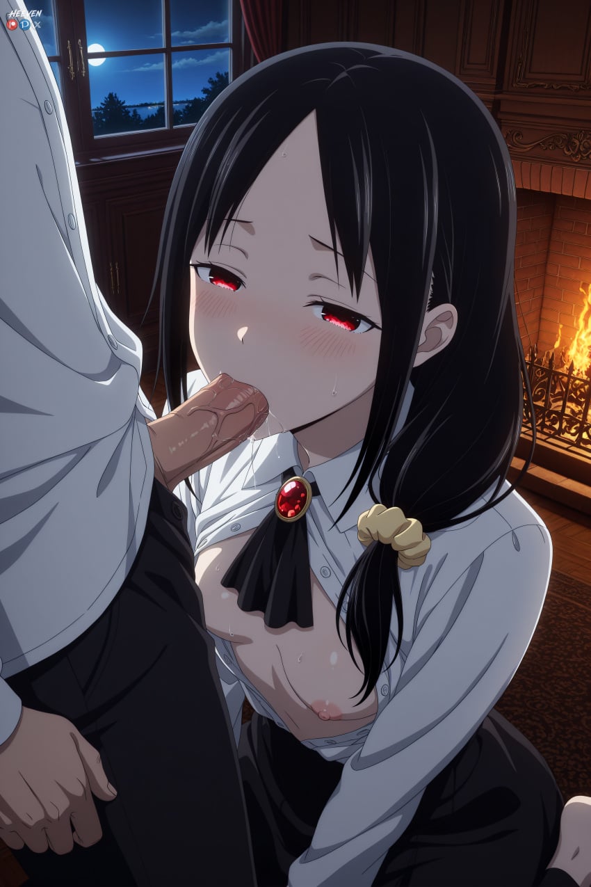 1boy 1girl absurdres adult ai_assisted ai_generated bangs big_breasts black_hair black_pants black_skirt blush breasts breasts_out brooch candle collared_shirt dark_penis erection explicit fellatio female full_moon hair_ornament hair_scrunchie half-closed_eyes heeven hetero highres indoors jewelry kaguya-sama_wa_kokurasetai_~tensai-tachi_no_renai_zunousen~ long_hair long_sleeves male mature moon night nipples no_bra open_clothes open_shirt oral pants parted_bangs patreon patreon_username penis perfect_body red_eyes saliva scrunchie shinomiya_kaguya shirt sitting skirt small_breasts solo_focus sweat unbuttoned unbuttoned_shirt uncensored white_shirt window