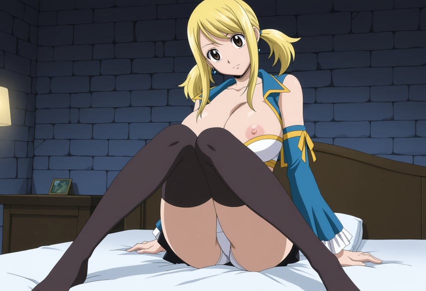 1girl ai_generated anime anime_style arm_support bed bed_sheet black_skirt black_thighhighs blonde_hair breasts brown_eyes cleavage closed_mouth collarbone detached_sleeves earrings fairy_tail head_tilt hentai hi_res indoors jewelry knees_together_feet_apart large_breasts looking_at_viewer lucy_heartfilia miniskirt mystic_maidens nipples on_bed panties pantyshot patreon pillow pleated_skirt sidelocks sitting skirt smile solo thighhighs twintails underwear white_panties