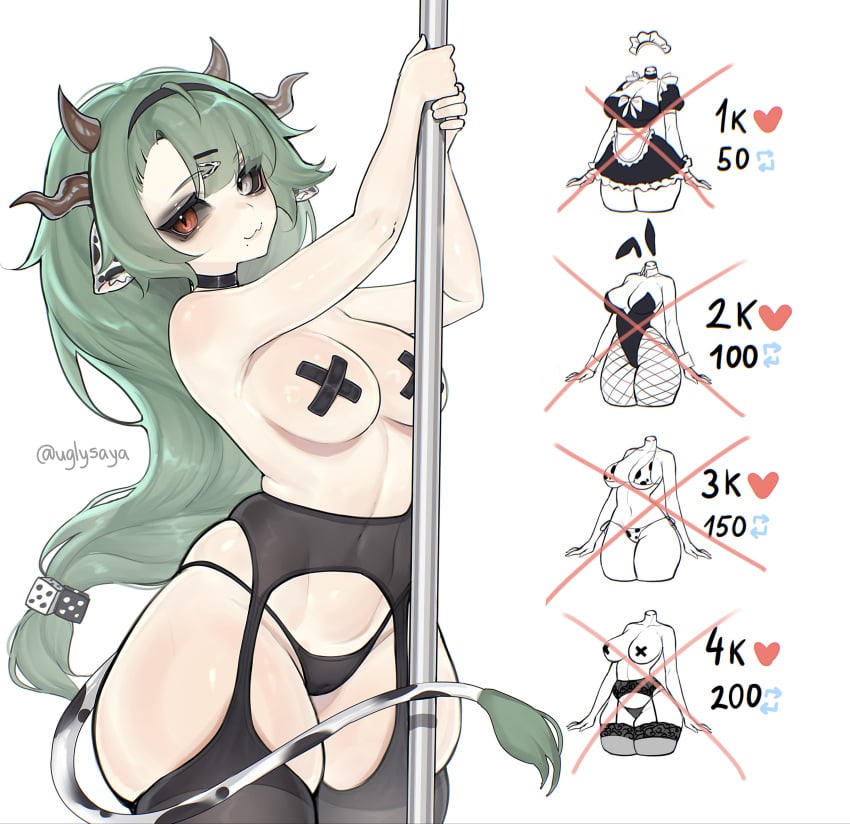 1girl 1girls absurdres animal_ears big_breasts black_choker black_panties black_sclera black_thighhighs breasts breedable_hips child_bearing_hips choker closed_mouth colored_sclera cow_ears cow_girl cow_horns cow_tail crelly crelly_(crelly_3.0) curvy dice_hair_ornament female garter_straps green_hair grey_eyes grey_hair grey_sclera hair_ornament hairband heterochromia highres hips horns indie_virtual_youtuber large_breasts long_hair mismatched_sclera mole mole_under_mouth panties pasties pole red_eyes solo stripper_pole tail thick thick_thighs thighhighs thighs tis twitter_strip_game uglysaya underwear virtual_youtuber vtuber white_background wide_hips