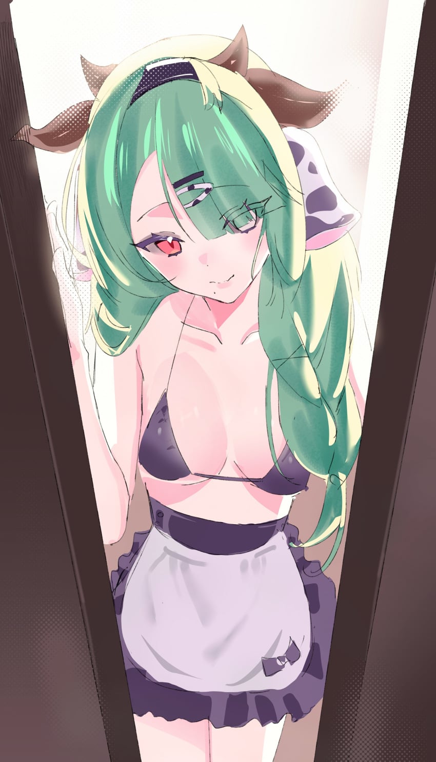 1girl 1girls absurdres animal_ears apron bikini black_bikini black_skirt breasts colored_sclera cow_ears cow_girl cow_horns cow_print_socks crelly doorway female grey_eyes grey_sclera hair_ornament hair_over_one_eye heterochromia highres horns indie_virtual_youtuber large_breasts long_hair maid maid_apron mole mole_under_mouth pov_doorway red_eyes side_ponytail skirt solo swimsuit virtual_youtuber vtuber x_hair_ornament
