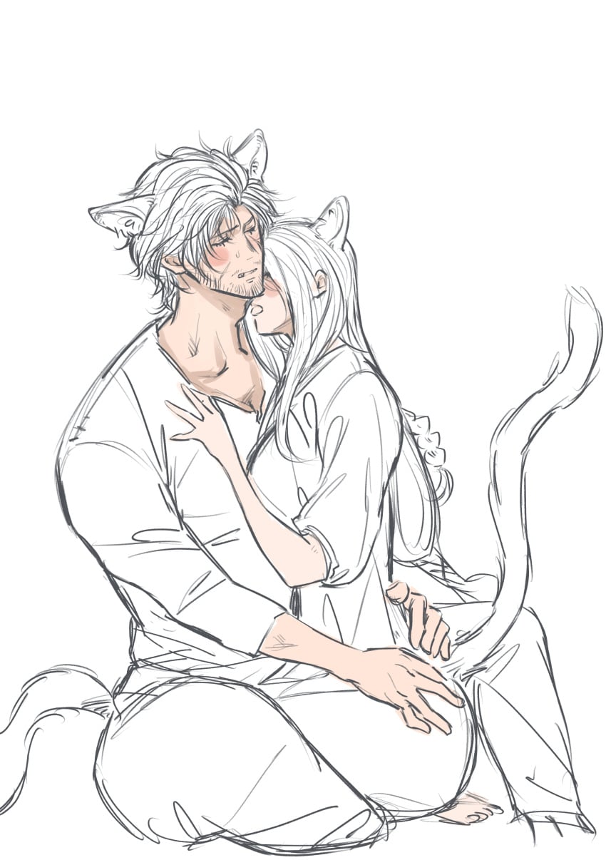 1boy1girl 1girl 1girl1boy 1girls 2d 2d_(artwork) artist_request cat_ears cat_tail catgirl clive_rosfield female final_fantasy final_fantasy_xvi jill_warrick silver_hair square_enix