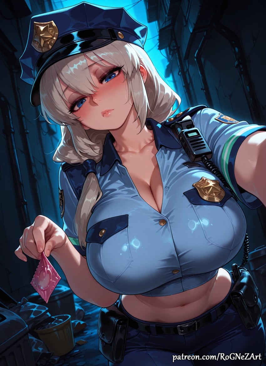 1girl 2026 ai_generated alley anime bangs belt blue_eyes blue_headwear blue_pants blue_shirt blush boobs breasts cleavage closed_mouth collarbone condom condom_wrapper crop_top crossover eye_contact female female_focus flushed hair_between_eyes hat highres holding huge_breasts large_breasts long_hair looking_at_viewer mature_female midriff navel neutral_expression night nsfw pants patreon patreon_username police police_hat police_uniform policewoman pouch rognezart shirt short_sleeves solo uniform uzaki-chan_wa_asobitai! uzaki_tsuki very_long_hair
