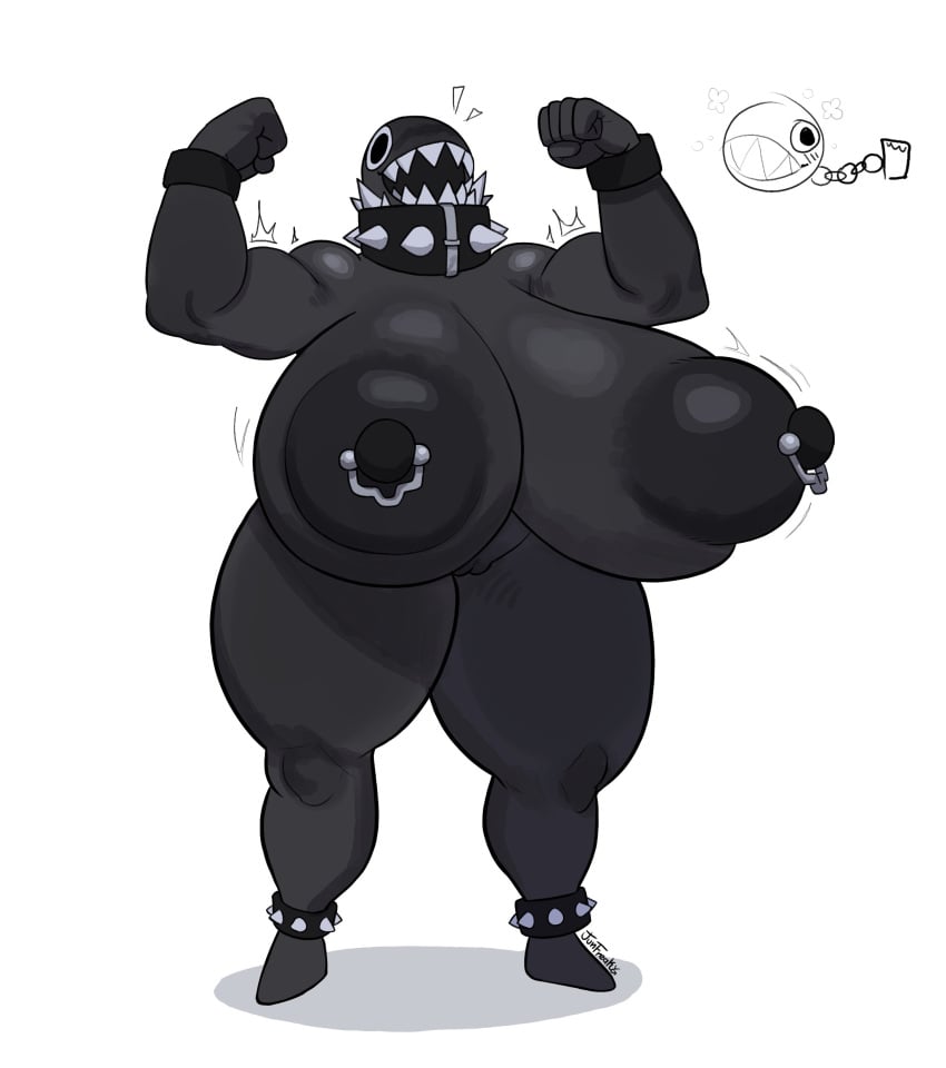 big_areola big_breasts big_nipples black_body bracelets chain_chomp gigi_(thecoatl034) junfreaky mario_(series) massive_breasts muscles muscular_female nipple_piercing piercing pussy pussy_peek sharp_teeth spiked_bracelet spiked_collar strong_female super_mario_bros. thick_thighs