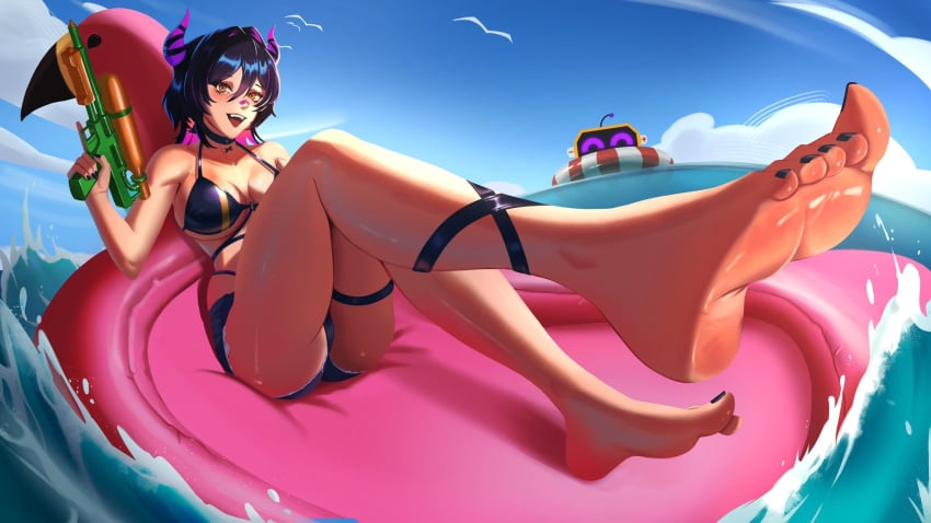 1girl 1girls :d akireimiki bikini black_hair black_nails blue_shorts blue_sky breasts choker colored_inner_hair demon_girl demon_horns feet feet_focus female foot_focus hair_between_eyes hair_intakes highres horns indie_virtual_youtuber large_breasts looking_at_viewer medium_hair multicolored_hair open_mouth outdoors purple_bikini purple_hair purple_horns rainhoe shorts sky smile soles solo swimsuit thigh_strap thighs tits toes virtual_youtuber vtuber water water_gun yellow_eyes