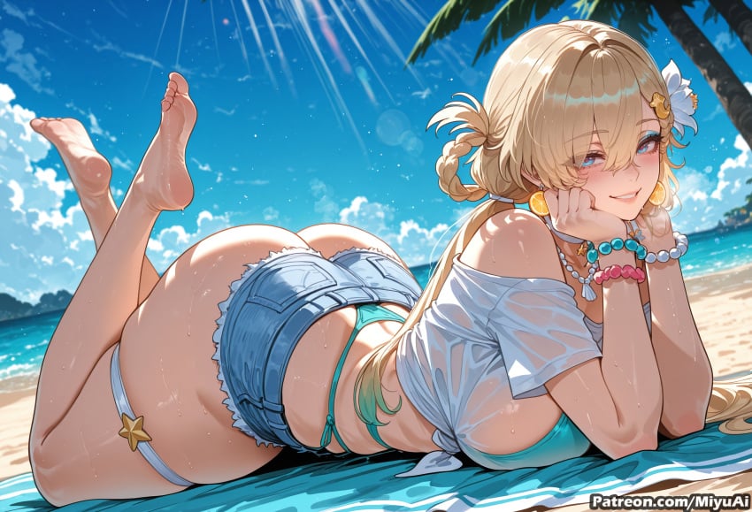 1girl ai_assisted ai_generated anklet ass bangs bare_shoulders barefoot beach bikini blonde_hair blue_eyes blue_sky blush bracelet breasts cleavage cloud curvaceous curvy curvy_female curvy_figure day denim denim_shorts eyebrows_visible_through_hair feet feet_up female flower hair_between_eyes hair_flower hair_ornament jewelry large_breasts lips looking_at_viewer lying lynae_(wuthering_waves) miyuai ocean on_stomach open_mouth outdoors palm_tree parted_lips sand see-through shiny_hair shirt short_hair short_shorts shorts sky smile soles solo sparkle sunlight swimsuit the_pose thick thick_ass thick_butt thick_hips thick_legs thick_thighs thigh_strap thighs toes tree voluptuous voluptuous_female water wet wet_clothes wide_hips wide_thighs wuthering_waves