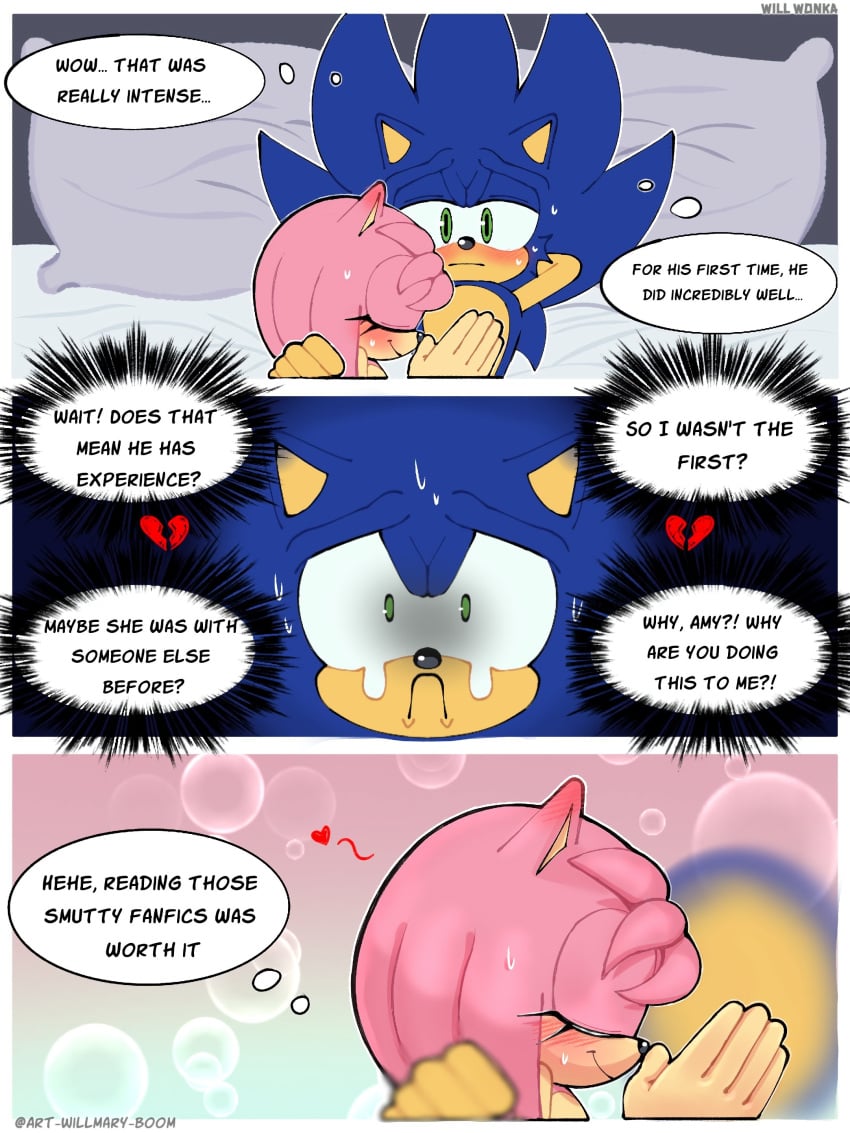 1boy 1girl 3koma after_sex aftersex amy_rose bed bed_sheet bedroom blanket blue_fur blue_hair blush closed_eyes completely_nude eyelashes green_eyes half-closed_eyes heart indoors lying medium_hair nude on_bed pillow pink_fur pink_hair sega sex sleeping smile sonic_(series) sonic_the_hedgehog sonic_the_hedgehog_(series) spiked_hair sweat sweatdrop worried