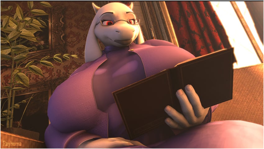 1girls afternoon animal_ears big_breasts glasses horns lipstick natural_light no_sex_(yet) rayhuma reading toriel undertale