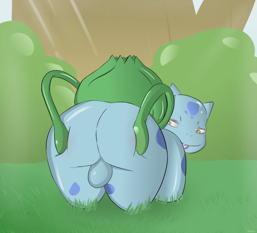 all_fours ass backsack balls bulbasaur forest looking_back male nintendo pawn pokémon_(species) pokemon pokemon_rgby presenting presenting_hindquarters simple_background tongue tongue_out tree