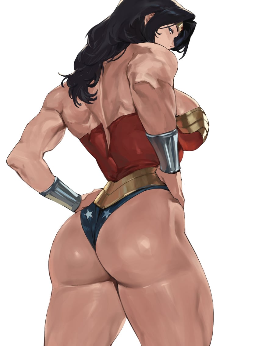 1girls ass back_view black_hair breasts busty cleavage dc dc_comics enargeia enargeia5525 female female_focus female_only light-skinned_female light_skin looking_at_viewer looking_over_shoulder muscular muscular_female solo solo_female superheroine taiyang_yu thick_ass thick_thighs thighs white_background wide_hips wonder_woman wonder_woman_(series)