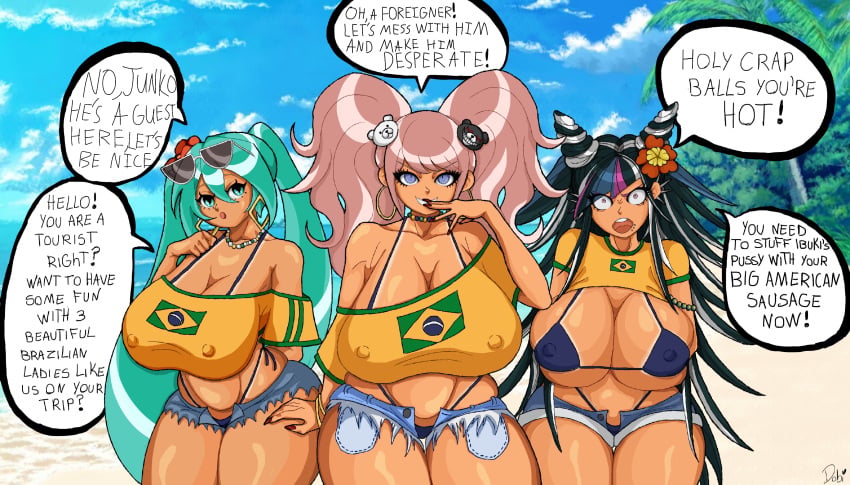 3girls alternate_version_available ass big_ass big_breasts brazilian brazilian_female brazilian_flag brazilian_miku breasts clothed crossover danganronpa danganronpa:_trigger_happy_havoc danganronpa_2:_goodbye_despair dirty_talk dobicandy hatsune_miku huge_ass huge_breasts junko_enoshima mioda_ibuki multicolored_hair multiple_girls offscreen_character race_swap revealing_clothes talking_to_viewer tan_body tan_skin text thick_thighs translated translation wide_hips