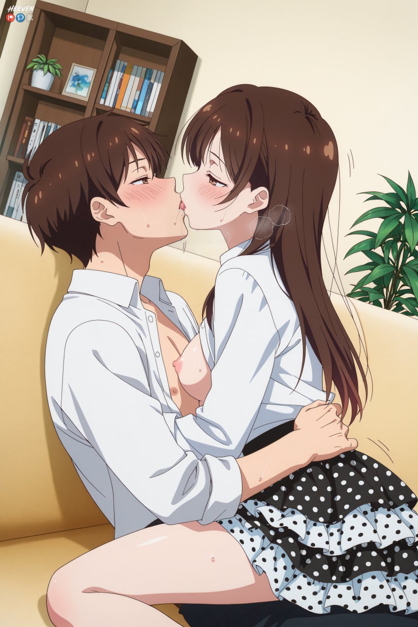 1boy 1girl absurdres adult ai_assisted ai_generated big_breasts black_skirt blush bookshelf breasts breasts_out brother_and_sister brown_eyes brown_hair chizuru_mizuhara couch explicit eye_contact female french_kiss frilled_skirt girl_on_top half-closed_eyes heeven hetero highres incest indoors kanojo_okarishimasu kiss layered_skirt long_hair looking_at_another male mature medium_breasts mizuhara_chizuru nipples open_clothes open_shirt patreon patreon_username perfect_body polka_dot polka_dot_skirt questionable saliva saliva_trail sex shirt short_hair siblings sitting skirt straddling sweat tongue tongue_out uncensored upright_straddle white_shirt