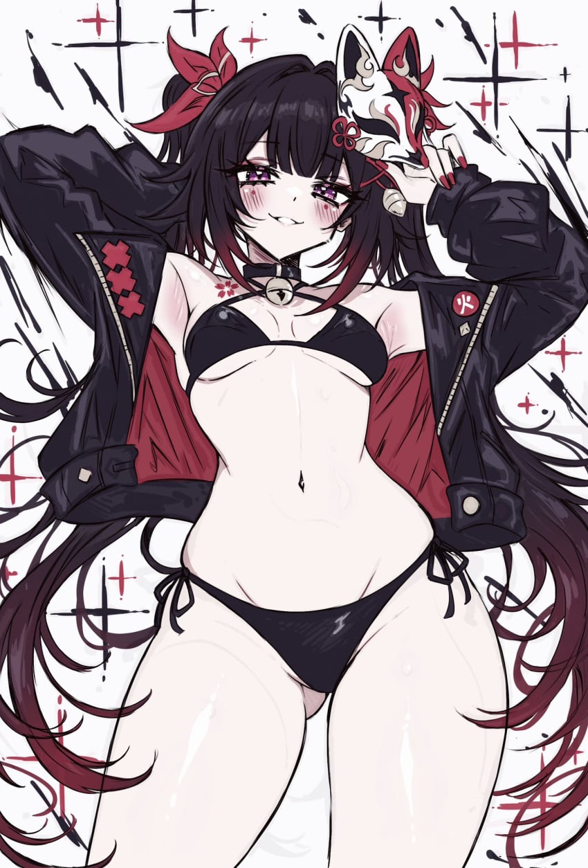1girls armpits arms_up ass ass_visible_through_thighs bangs bell_collar big_ass bikini bikini_bottom bikini_top bikini_under_clothes black_bikini blush blushing blushing_at_viewer breasts brown_hair clothed collar curvy eye_markings flower_tattoo fox_mask hair_between_eyes hair_intakes hair_tie hair_vents hand_behind_head hips holding_mask honkai:_star_rail honkai_(series) hoyoverse jacket jacket_open kanji light-skinned_female light_skin long_hair long_sleeves looking_at_viewer mark_under_both_eyes mark_under_eye marking_below_eyes mask mask_on_head midriff mouth_open nails navel painted_nails petite petite_body petite_female pose posing purple_eyes side-tie_bikini side-tie_bikini_bottom small_breasts smiling smiling_at_viewer solo solo_focus sparkle_(honkai:_star_rail) sparkles standing swimwear tattoo teeth teeth_showing thick_thighs tied_hair twin_tails usa_(usagi_minku) waist white_background