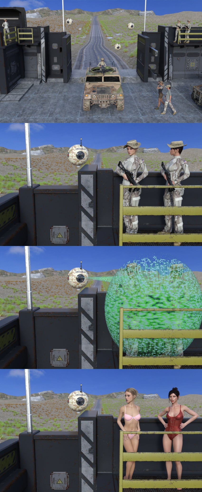 3d 4koma comic daz_studio disappearing_clothes drone embarrassed_underwear_female female female_only female_soldier lingerie lingerie_only military_uniform original original_characters