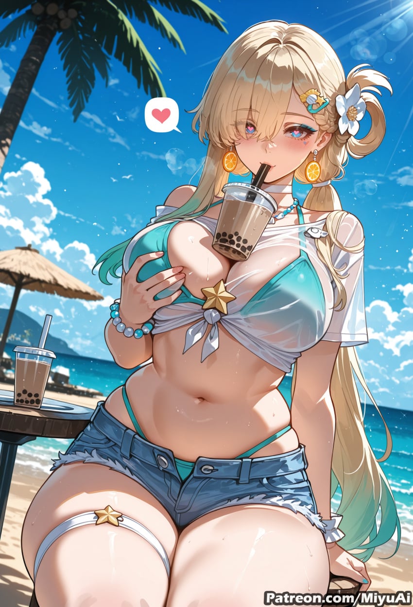 1girl ai_assisted ai_generated bangs beach bikini blonde_hair blue_eyes blue_sky blush bracelet breasts bubble_tea bubble_tea_challenge choker cleavage cloud cup curvaceous curvy curvy_female curvy_figure day denim denim_shorts disposable_cup drinking drinking_straw earrings eyebrows_visible_through_hair female flower hair_between_eyes hair_flower hair_ornament heart highleg highleg_bikini jewelry large_breasts long_hair looking_at_viewer lynae_(wuthering_waves) miyuai mole mole_under_eye navel ocean outdoors palm_tree scrunchie see-through shirt short_shorts short_sleeves shorts sitting skindentation sky solo spoken_heart swimsuit thick thick_ass thick_butt thick_hips thick_legs thick_thighs thigh_strap thighs tied_shirt tree very_long_hair voluptuous voluptuous_female water wet wet_clothes wide_hips wide_thighs wrist_scrunchie wuthering_waves