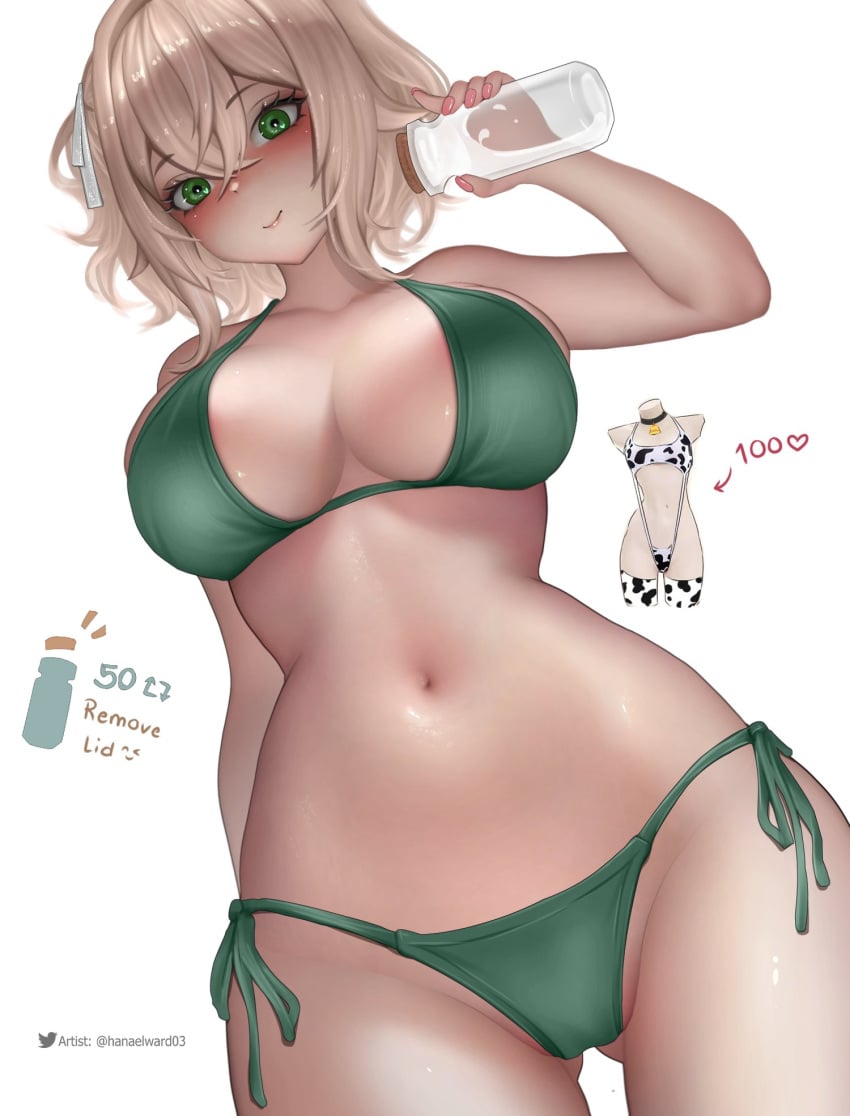 1girl 1girls animal_ears bikini blush bottle breasts brown_hair cleavage closed_mouth female green_bikini green_eyes hair_between_eyes hanael_ward highres indie_virtual_youtuber large_breasts looking_at_viewer milk_bottle navel nimi_nightmare short_hair solo swimsuit tapir_girl tits twitter_strip_game virtual_youtuber vtuber white_background