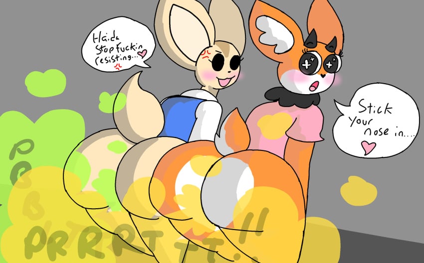 2d 2d_(artwork) 2girls aggretsuko angry angry_vein anthro ass ass_focus bent_over big_ass black_eyes blue_shirt blush blushing bottomless brappycatty bubble_ass digital_media_(artwork) fart fart_fetish farting farting_at_viewer female female_focus female_only fenneko image light_body long_ears looking_at_another looking_back open_mouth orange_body pink_shirt pov sparkling_eyes sunniefunnie tagme tsunoda