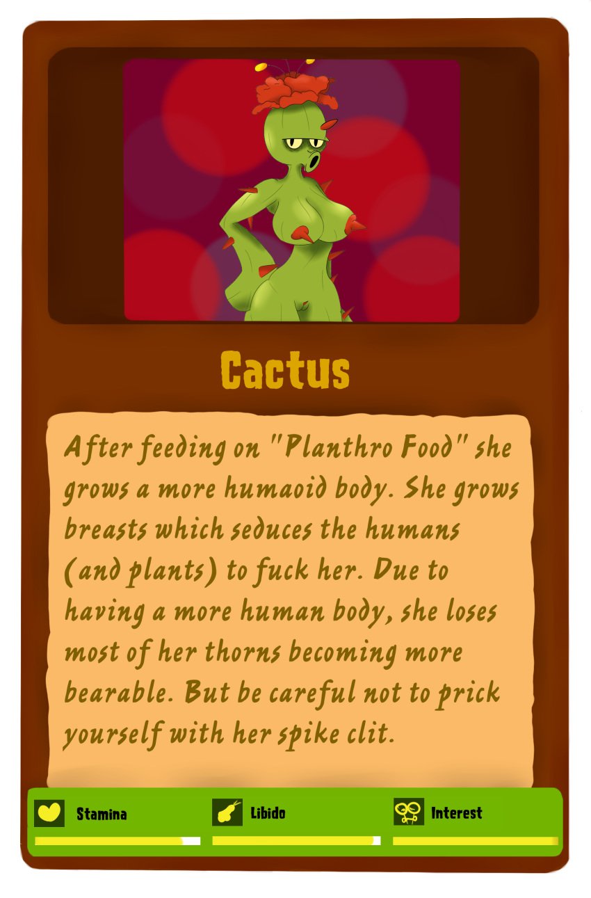 alpha_channel anthro armpits big_breasts breasts cactus cactus_(pvz) english_text erect_nipples female flora_fauna huge_breasts humanoid looking_at_viewer nipples nude plant plantie plants_vs_zombies pussy simple_background solo text thompson-vonjung thorns video_games