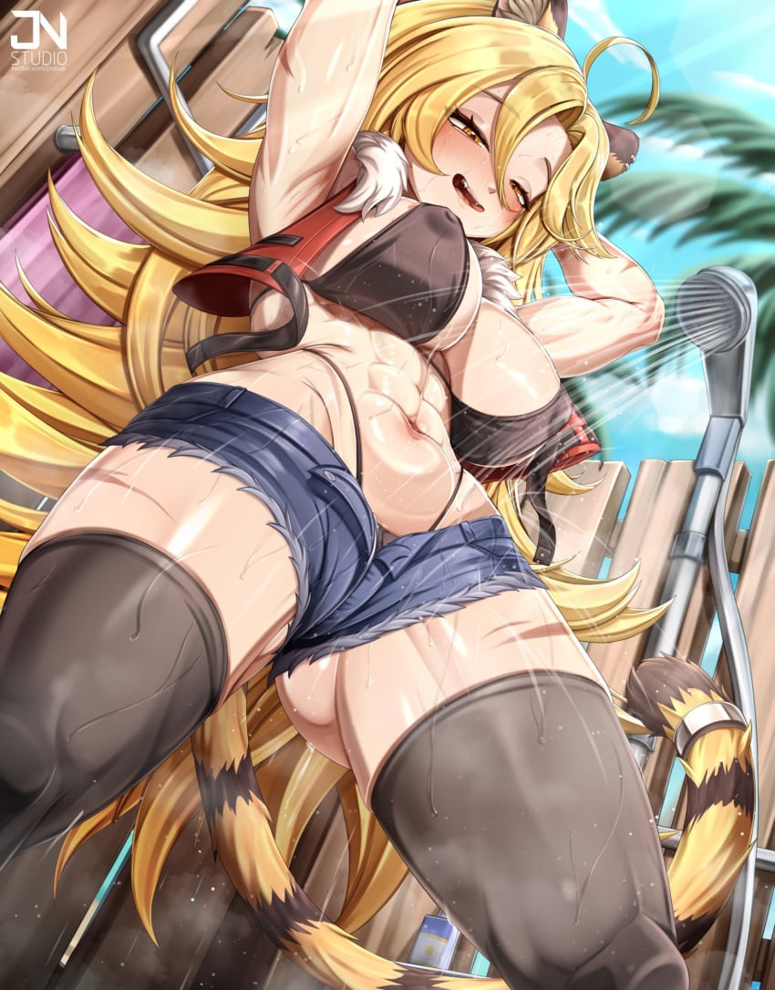 1girls abs blonde_hair clothed clothing female female_only indie_virtual_youtuber jnstudio light-skinned_female light_skin solo tala_tora_(vtuber) tiger_girl virtual_youtuber vtuber