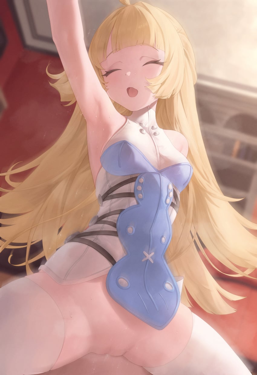 1boy 1girl absurdres armpits blonde_hair blue_shirt breasts censored commentary cowgirl_position english_commentary gueya hetero highres long_hair looking_at_viewer male_pov mosaic_censoring norma_hollowell open_mouth paid_reward_available penis sex shirt small_breasts spread_legs straddling thighhighs thighs very_long_hair white_thighhighs zenless_zone_zero