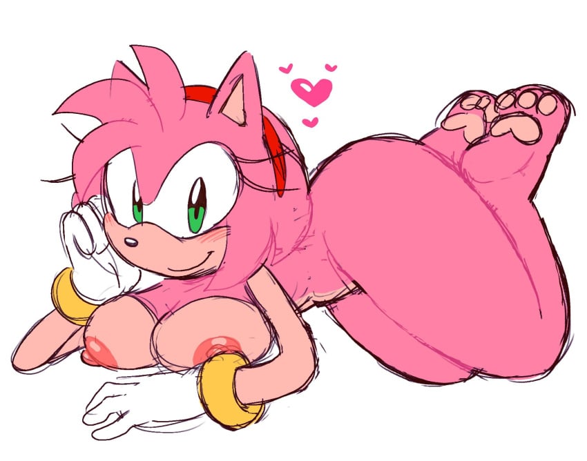 1girls amy_rose arched_back areolae big_breasts cute eulipotyphlan eyelashes female green_eyes heart looking_at_viewer ninotrash nipples nude nude_female on_stomach pawpads paws pink_fur sketch smile solo sonic_(series) sonic_the_hedgehog_(series) white_background