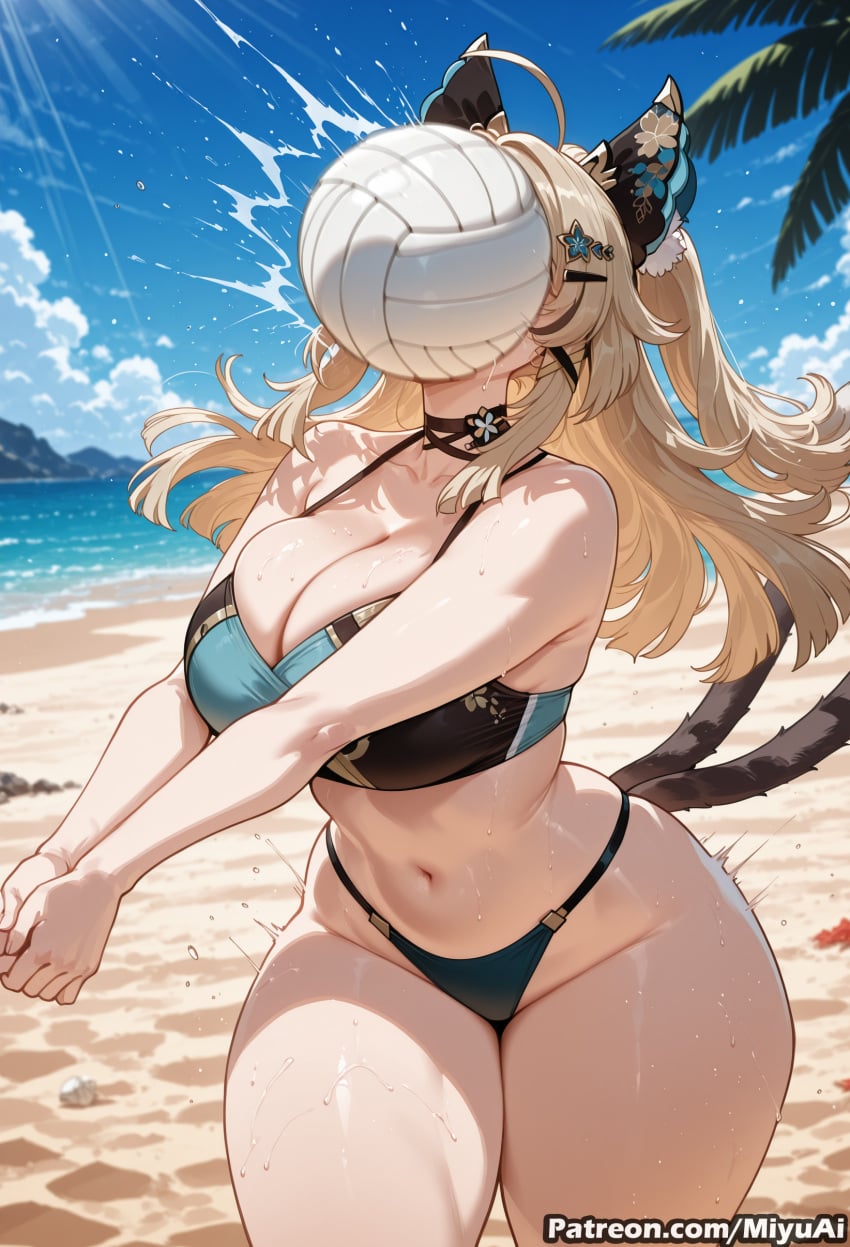 1girl ahoge ai_assisted ai_generated animal_ears bare_shoulders beach bikini black_bikini black_choker blonde_hair blue_bikini breasts choker cleavage collarbone curvaceous curvy curvy_female curvy_figure day female genshin_impact hair_ornament kirara_(genshin_impact) large_breasts lion_ears long_hair mask miyuai navel outdoors solo swimsuit thick thick_ass thick_butt thick_hips thick_legs thick_thighs thighs voluptuous voluptuous_female wide_hips wide_thighs