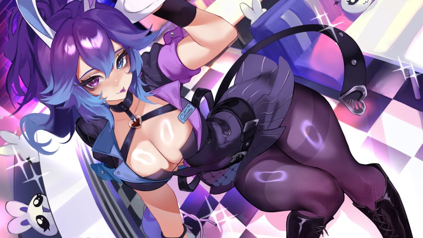 1girl 1girls absurdres animal_ears belt big_breasts black_boots black_dress blue_eyes blue_hair boots breasts checkered_floor chest_harness cleavage commentary cottontail_(vtuber) diner dress english_commentary female gradient_hair hair_between_eyes harness heterochromia highres indie_virtual_youtuber large_breasts long_hair looking_at_viewer multicolored_hair pantyhose plate ponytail purple_eyes purple_hair rabbit_ears rabbit_girl ring_light_reflection solo suliavtuber table thick thick_thighs thighs tits tongue tongue_out virtual_youtuber vtuber waitress wide_hips