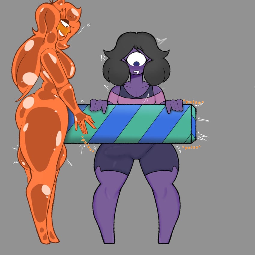 1boy 1femboy 1futa 1girls artist_request avatar_(megamor) balls black_hair blue_eyes bulge_under_clothes cyclops eyelashes femboy futanari gift gift_box long_hair nude nude_female purple_body purple_skin shorts sideboob simple_background slime_girl testicles thighs