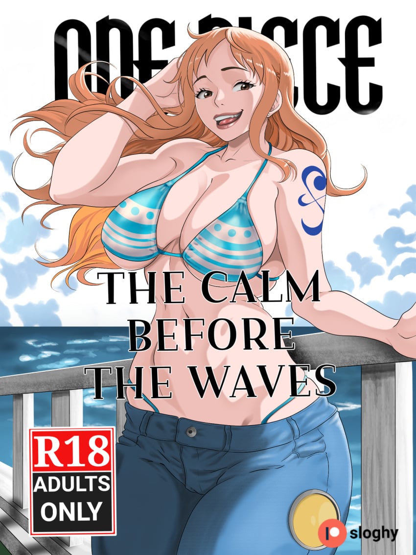 big_breasts brown_eyes ginger nami_(one_piece) one_piece sloghy swimsuit text