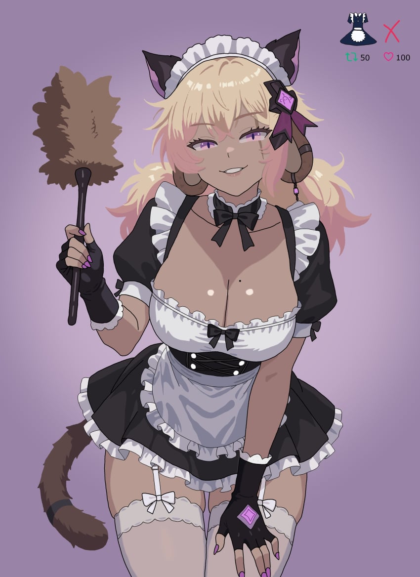 1girl 1girls absurdres animal_ears apron big_breasts black_dress black_gloves blonde_hair breasts cleavage dark-skinned_female dark_skin dress female fingerless_gloves frilled_dress frills garter_belt gloves hair_between_eyes highres indie_virtual_youtuber koko_d._nuts large_breasts long_hair maid maid_apron maid_headdress messy_hair mole mole_on_breast monkey_ears monkey_girl monkey_tail multicolored_hair pink_eyes pink_hair pink_nails purple_background scar scar_across_eye scar_on_face short_dress solo tail thick_thighs thighhighs thighs tits twintails twitter_strip_game virtual_youtuber vtuber white_thighhighs