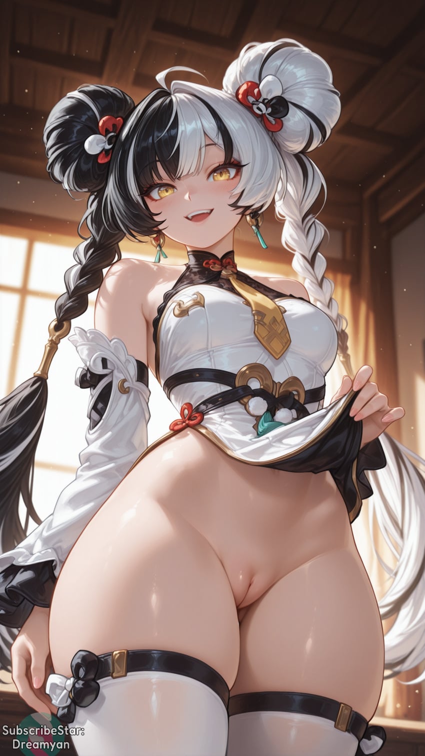 1girls ai_generated black_hair bottomless braid braided_hair breasts clothes_lift curvy curvy_body curvy_female dialyn_(zenless_zone_zero) double_bun dreamyan_ai female female_focus female_only hi_res high_quality high_resolution highres long_hair medium_breasts pussy seductive seductive_eyes seductive_look seductive_mouth seductive_pose seductive_smile small_breasts smile smiling solo solo_female solo_focus thick_ass thick_thighs thighhighs thighs two-tone_hair uncensored very_long_hair white_hair yellow_eyes zenless_zone_zero