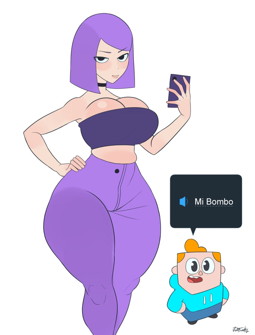 1boy 1girls big_breasts blue_hoodie cellphone choker crop_top duolingo funny hand_on_hip highres jeans junfreaky lily_(duolingo) looking_at_viewer meme orange_hair purple_hair thick_thighs wide_hips